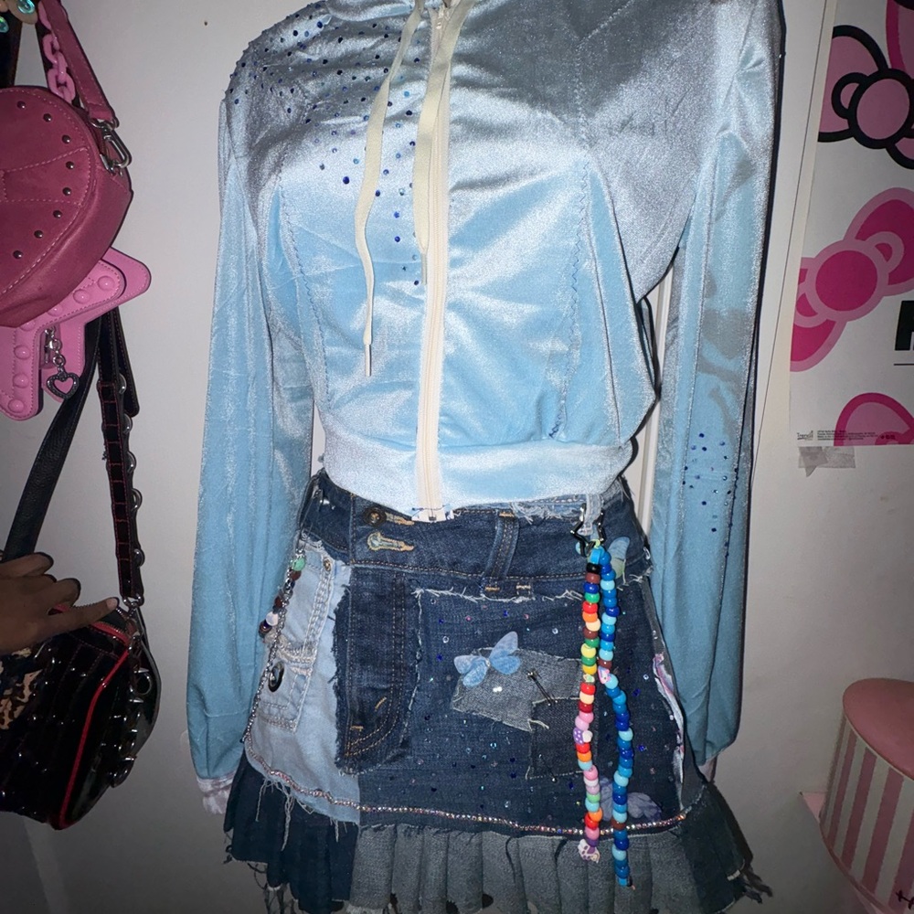 Light Blue Hoodie with Denim Skirt